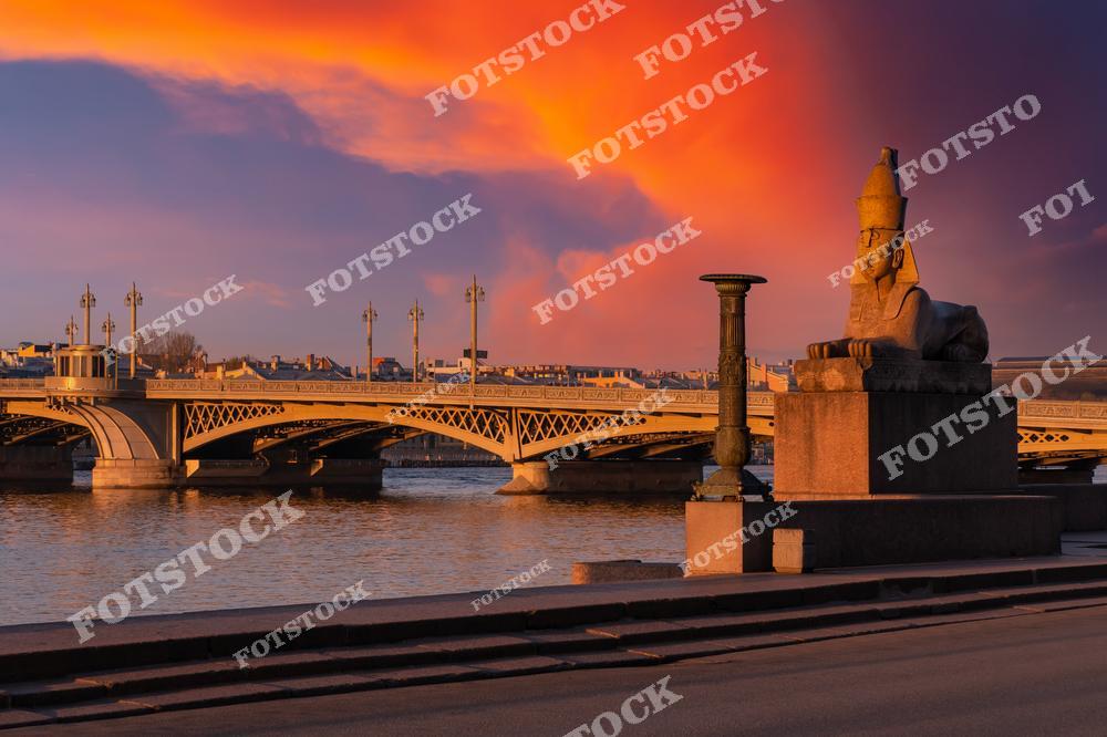 На фотографии запечатлен сфинкс на набережной реки Невы в Санкт-Петербурге, освещенный ярким закатным светом. На заднем плане виден мост, гармонично сочетающийся с архитектурой города. Оранжевые и фиолетовые оттенки неба создают атмосферу спокойствия и загадочности, отражаясь в водах Невы. Сфинксы на набережной — один из символов Санкт-Петербурга, придающий ему уникальный колорит.